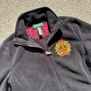 Lauren Ralph Lauren Fleece Jacket Women's Black Embroidered Crest Plaid Trim